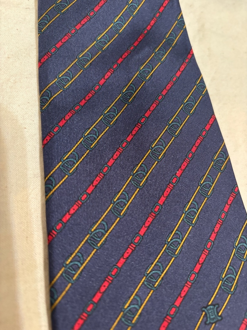 Celine Navy Silk Tie with Red and Gold Diagonal Stripes - Picture 4 of 6